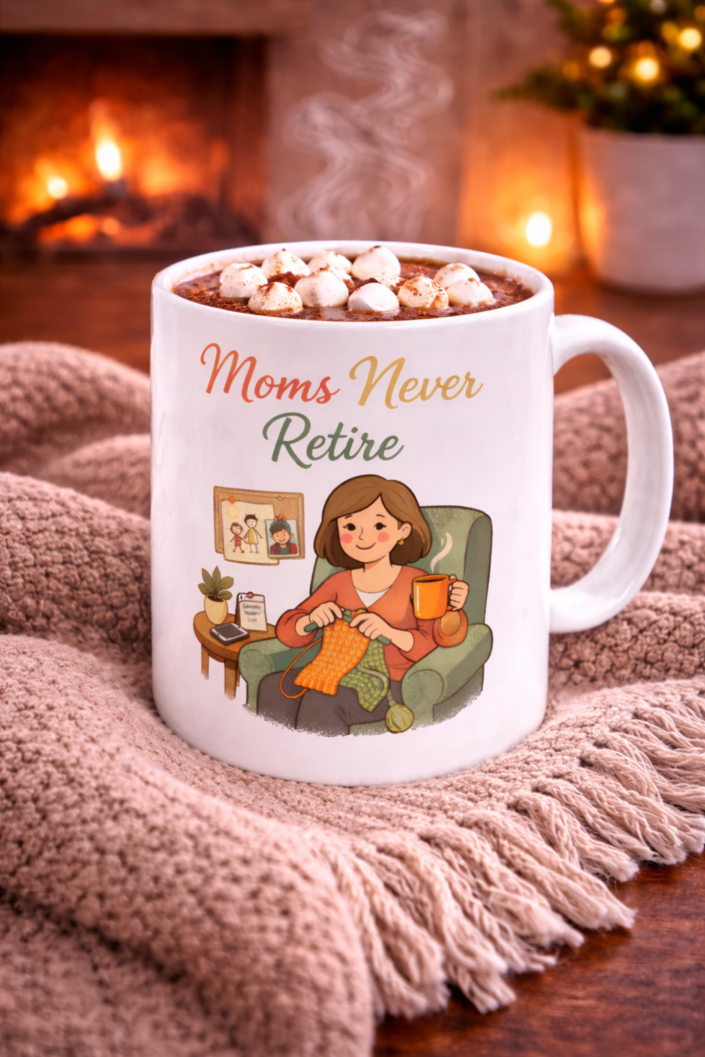 Ceramic Mug — "Moms Never Retire" Cozy Knit Mom Coffee Cup